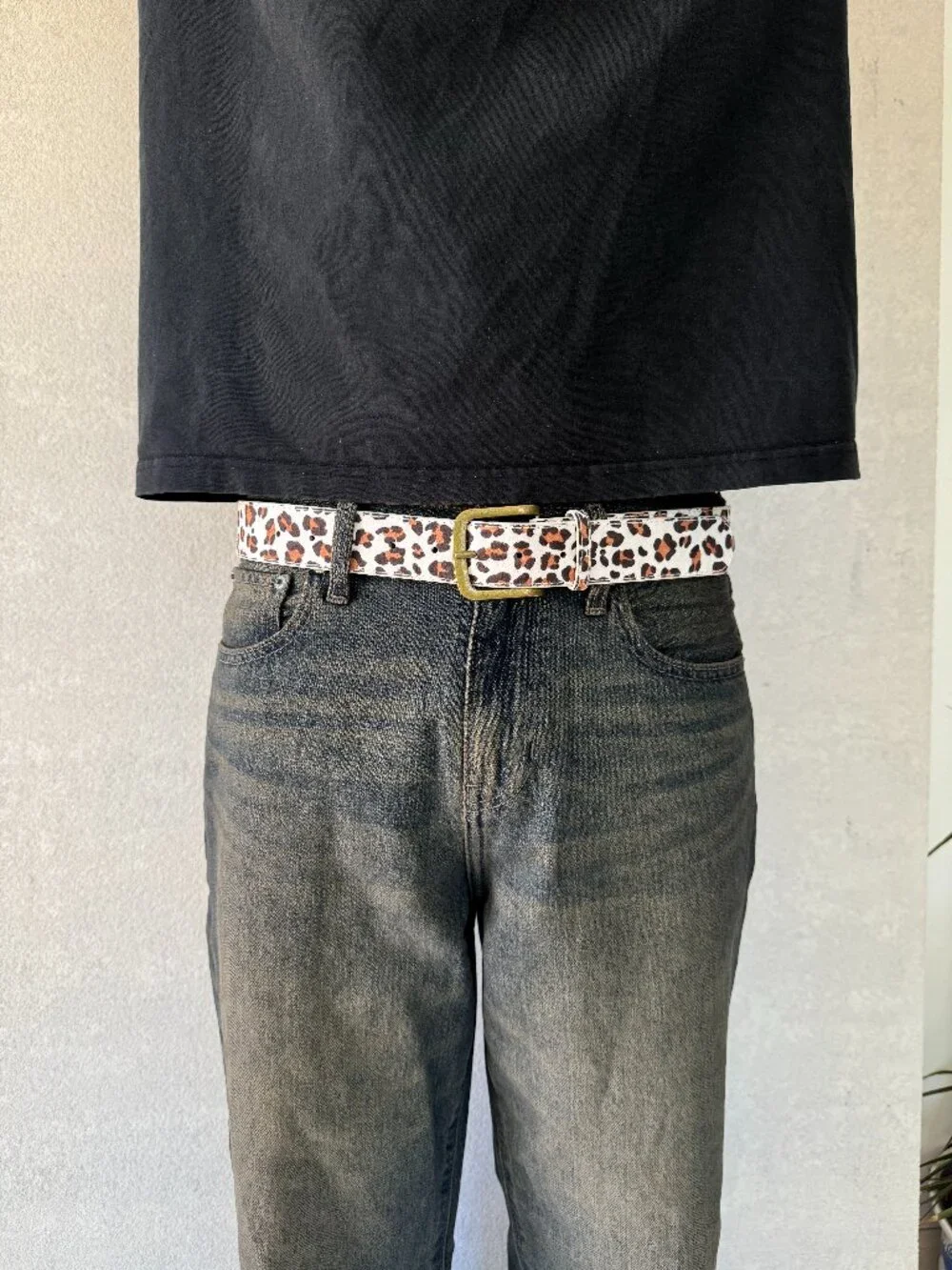White Cheetah Print Brass Buckle Belt